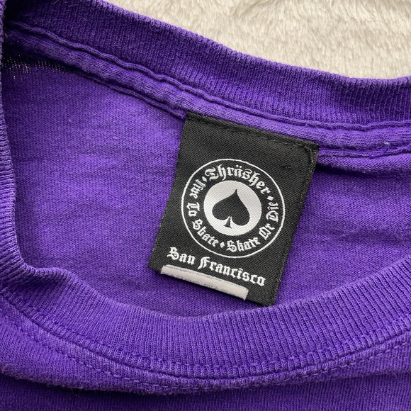 Thrasher Magazine Flame Logo T-Shirt Men's S Purple Skate Graphic Tee Distressed - Picture 4 of 13